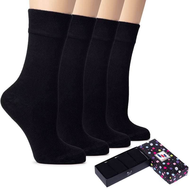 Hugh Ugoli Women's Rayon Thin Crew Socks for Dress Business & Trouser, Seamless Toe, 4 Pairs in Gift Box, Black, Shoe Size: 5-8 - Image 1